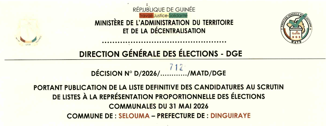 DÉCISION PORTANT PUBLICATION DE LA LISTE DEFINITIVE DES CANDIDATURES AUX ÉLECTIONS COMMUNALES DANS LA COMMUNE DE SELOUMA PRÉFECTURE DINGUIRAYE