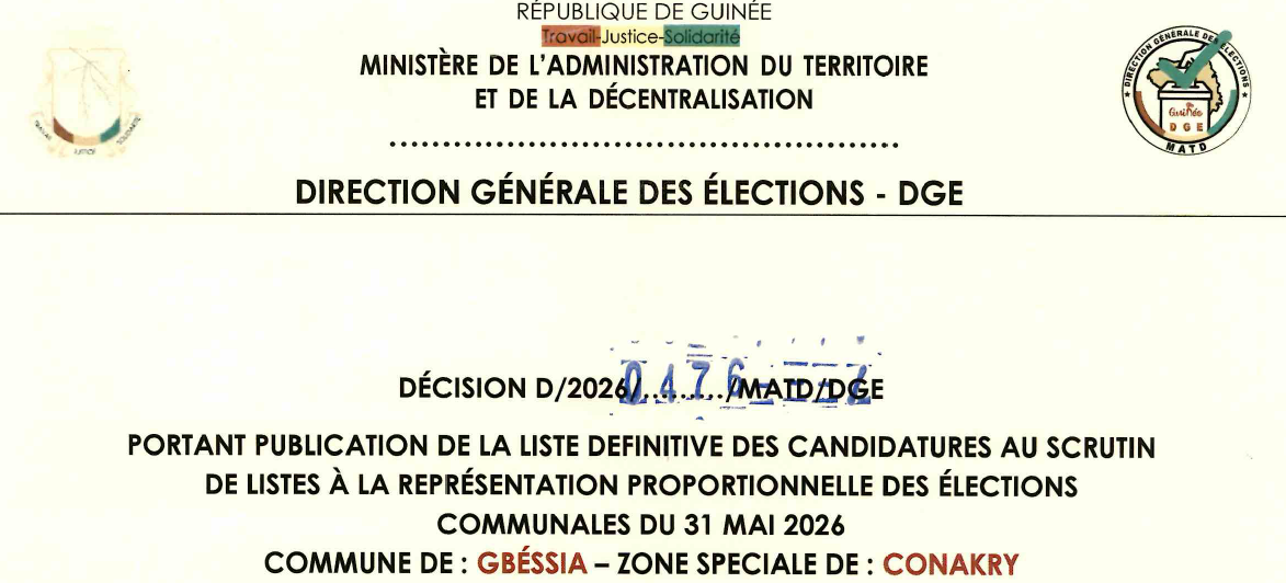 DÉCISION PORTANT PUBLICATION DE LA LISTE DEFINITIVE DES CANDIDATURES AUX ÉLECTIONS COMMUNALES DANS LA COMMUNE DE GBESSIA