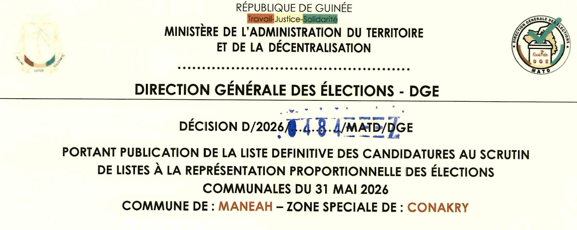 DÉCISION PORTANT PUBLICATION DE LA LISTE DEFINITIVE DES CANDIDATURES AUX ÉLECTIONS COMMUNALES DANS LA COMMUNE DE MANEAH