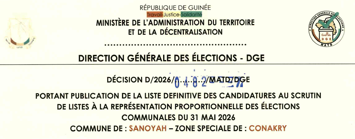 DÉCISION PORTANT PUBLICATION DE LA LISTE DEFINITIVE DES CANDIDATURES AUX ÉLECTIONS COMMUNALES DANS LA COMMUNE DE SANOYAH