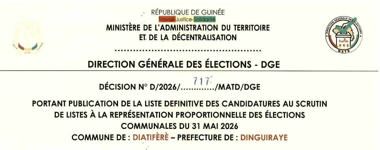 DÉCISION PORTANT PUBLICATION DE LA LISTE DEFINITIVE DES CANDIDATURES AUX ÉLECTIONS COMMUNALES DANS LA COMMUNE DE DIATIFERE PRÉFECTURE DINGUIRAYE