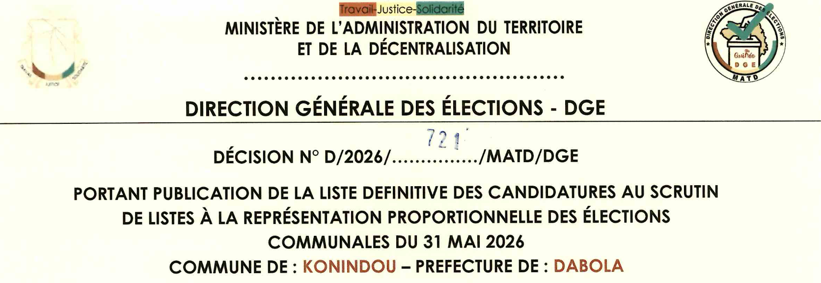 DÉCISION PORTANT PUBLICATION DE LA LISTE DEFINITIVE DES CANDIDATURES AUX ÉLECTIONS COMMUNALES DANS LA COMMUNE DE KONINDOU PRÉFECTURE DABOLA
