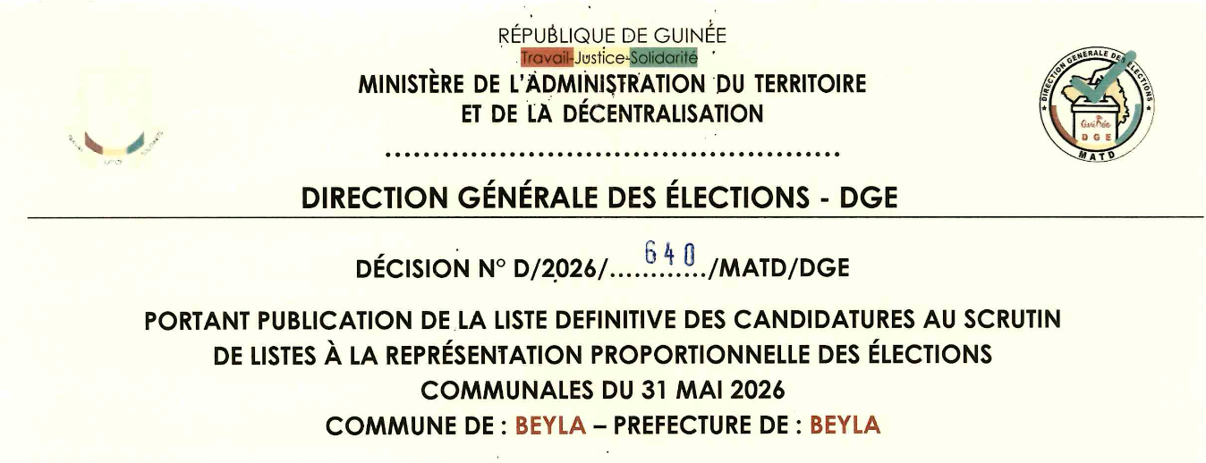 DÉCISION PORTANT PUBLICATION DE LA LISTE DEFINITIVE DES CANDIDATURES AUX ÉLECTIONS COMMUNALES DANS LA COMMUNE DE BEYLA PRÉFECTURE BEYLA
