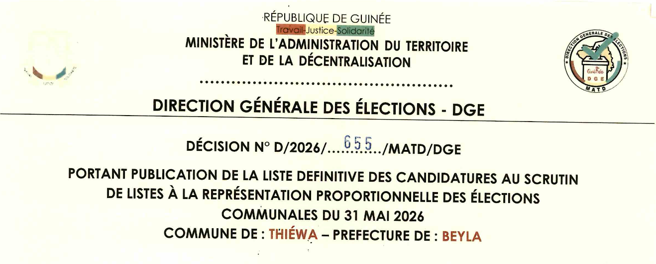 DÉCISION PORTANT PUBLICATION DE LA LISTE DEFINITIVE DES CANDIDATURES AUX ÉLECTIONS COMMUNALES DANS LA COMMUNE DE THIEWA PRÉFECTURE BEYLA
