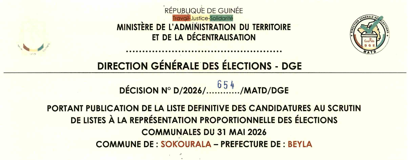 DÉCISION PORTANT PUBLICATION DE LA LISTE DEFINITIVE DES CANDIDATURES AUX ÉLECTIONS COMMUNALES DANS LA COMMUNE DE SOKOULARA PRÉFECTURE BEYLA