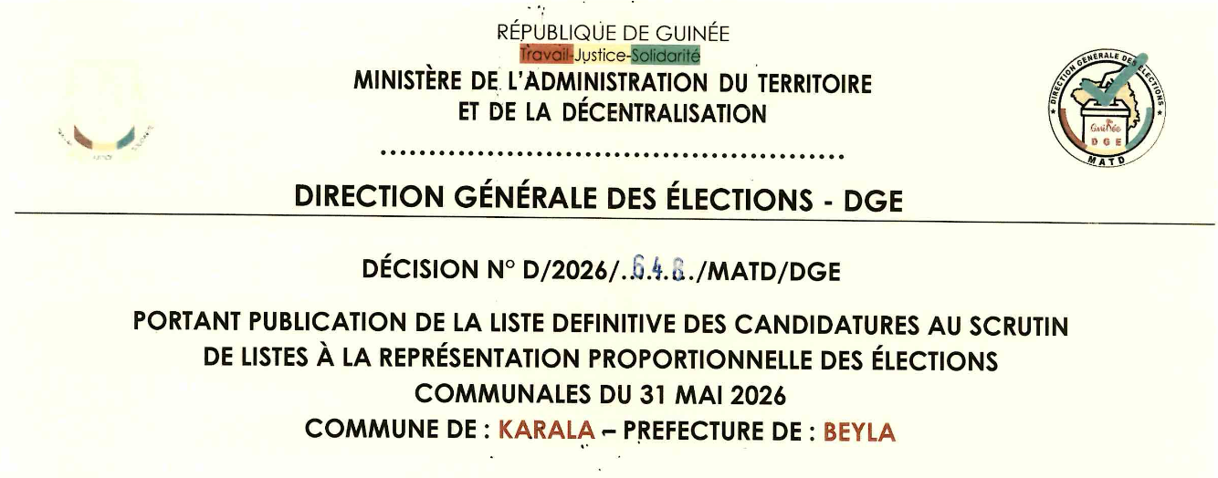 DÉCISION PORTANT PUBLICATION DE LA LISTE DEFINITIVE DES CANDIDATURES AUX ÉLECTIONS COMMUNALES DANS LA COMMUNE DE KARALA PRÉFECTURE BEYLA