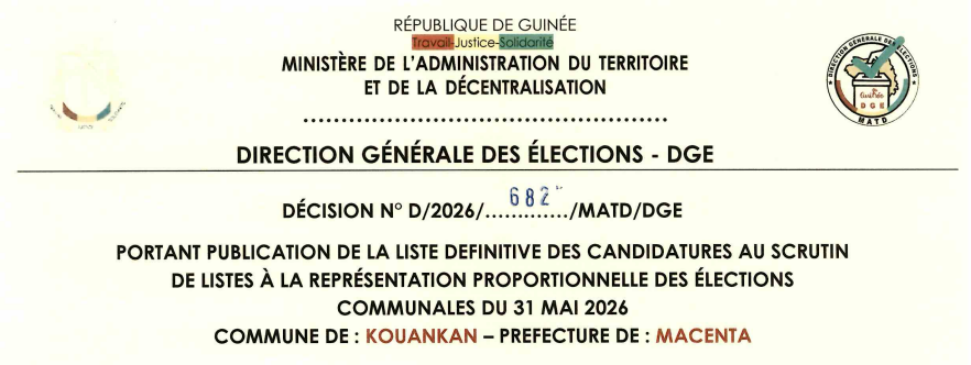 DÉCISION PORTANT PUBLICATION DE LA LISTE DEFINITIVE DES CANDIDATURES AUX ÉLECTIONS COMMUNALES DANS LA COMMUNE DE KOUANKAN PRÉFECTURE DE MACENTA