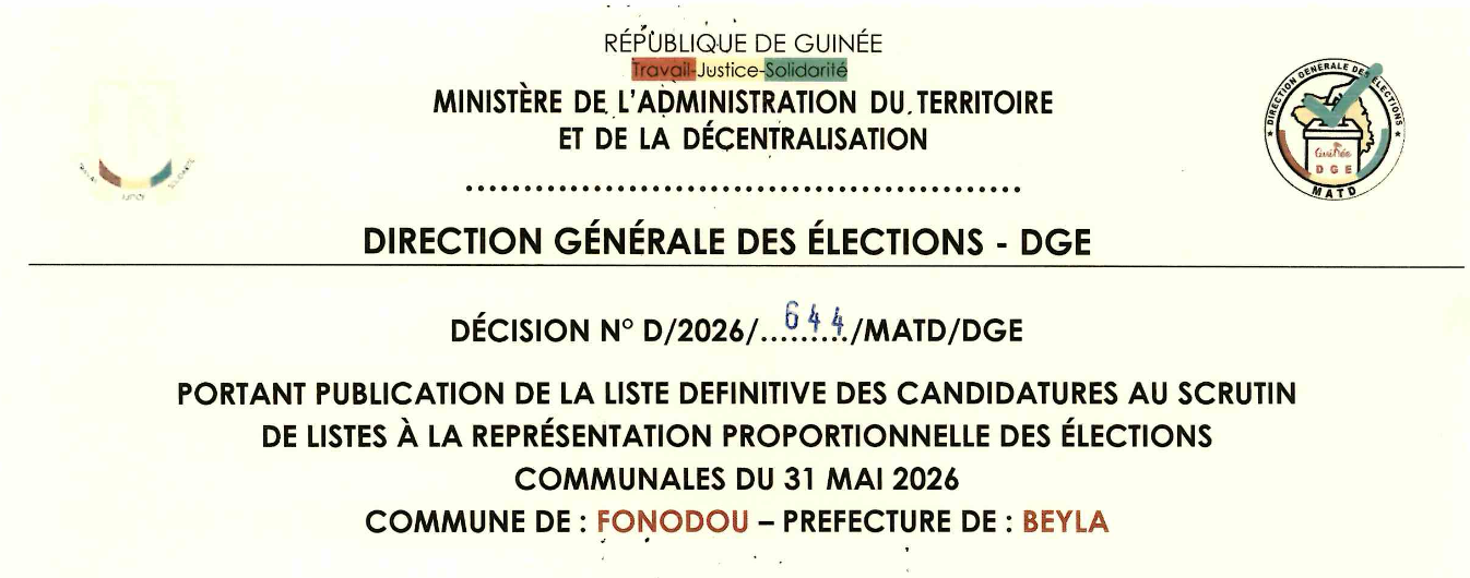 DÉCISION PORTANT PUBLICATION DE LA LISTE DEFINITIVE DES CANDIDATURES AUX ÉLECTIONS COMMUNALES DANS LA COMMUNE DE FONODOU PRÉFECTURE BEYLA