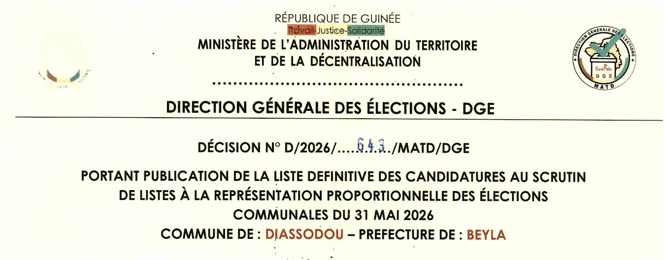 DÉCISION PORTANT PUBLICATION DE LA LISTE DEFINITIVE DES CANDIDATURES AUX ÉLECTIONS COMMUNALES DANS LA COMMUNE DE DIASSADOU PRÉFECTURE BEYLA