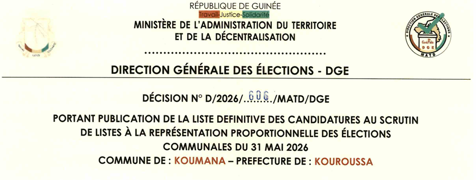 DÉCISION PORTANT PUBLICATION DE LA LISTE DEFINITIVE DES CANDIDATURES AUX ÉLECTIONS COMMUNALES DANS LA COMMUNE DE KOUMANA PRÉFECTURE DE KOUROUSSA