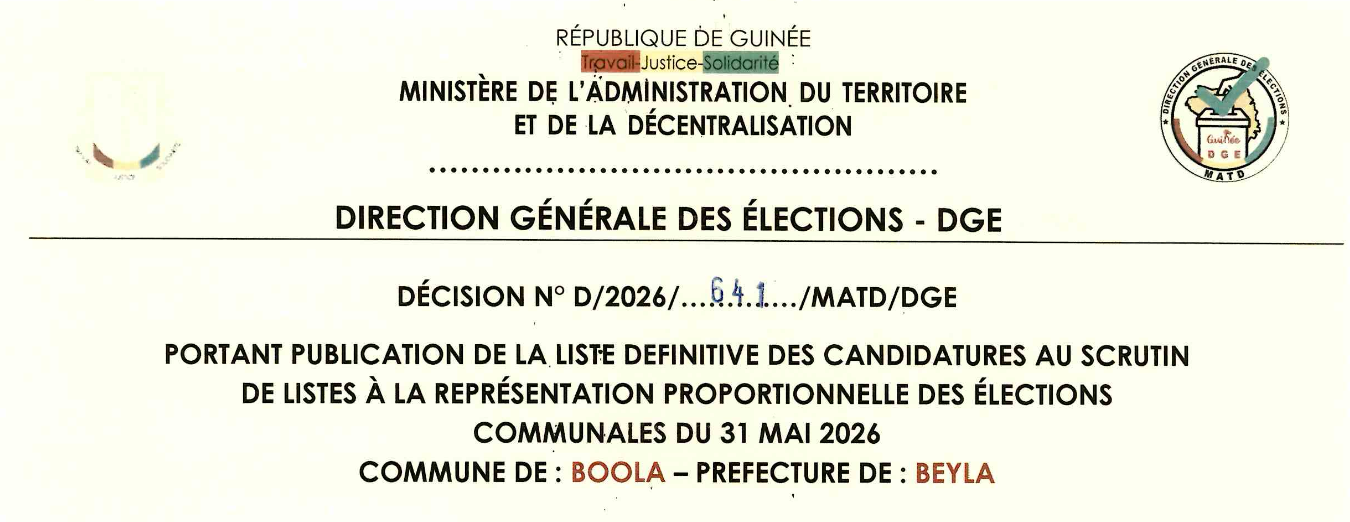 DÉCISION PORTANT PUBLICATION DE LA LISTE DEFINITIVE DES CANDIDATURES AUX ÉLECTIONS COMMUNALES DANS LA COMMUNE DE BOOLA PRÉFECTURE BEYLA