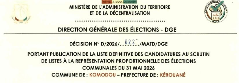 DÉCISION PORTANT PUBLICATION DE LA LISTE DEFINITIVE DES CANDIDATURES AUX ÉLECTIONS COMMUNALES DANS LA COMMUNE DE KOMODOU PRÉFECTURE KEROUANE