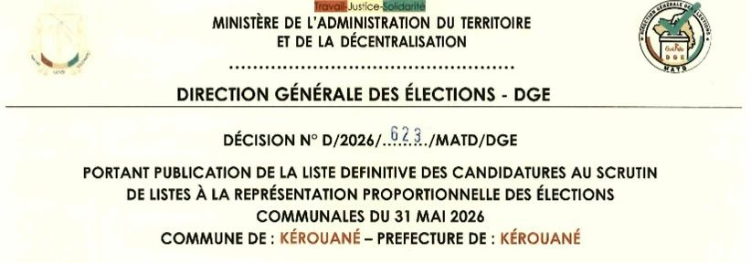 DÉCISION PORTANT PUBLICATION DE LA LISTE DEFINITIVE DES CANDIDATURES AUX ÉLECTIONS COMMUNALES DANS LA COMMUNE DE KEROUANE PRÉFECTURE KEROUANE