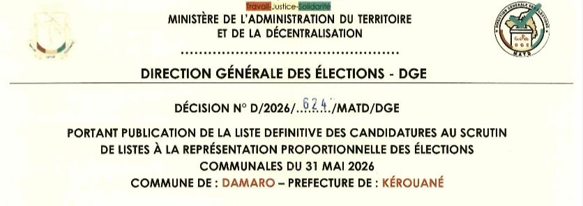 DÉCISION PORTANT PUBLICATION DE LA LISTE DEFINITIVE DES CANDIDATURES AUX ÉLECTIONS COMMUNALES DANS LA COMMUNE DE DAMARO PRÉFECTURE KEROUANE
