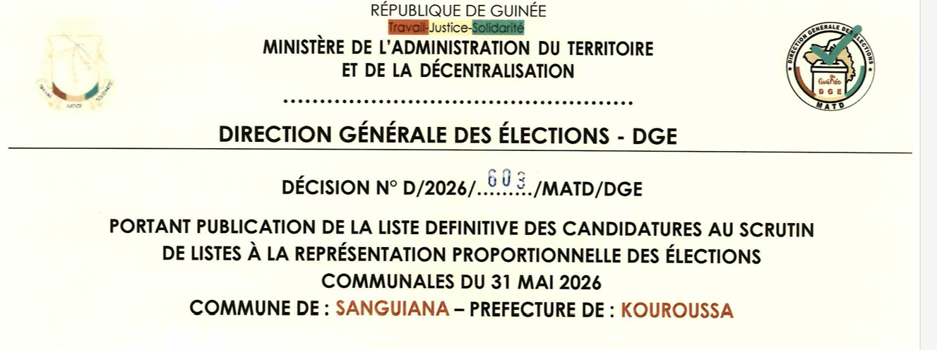 DÉCISION PORTANT PUBLICATION DE LA LISTE DEFINITIVE DES CANDIDATURES AUX ÉLECTIONS COMMUNALES DANS LA COMMUNE DE SANGUIANA  PRÉFECTURE DE KOUROUSSA