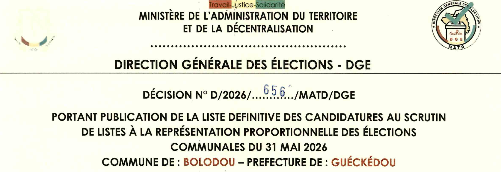 DÉCISION PORTANT PUBLICATION DE LA LISTE DEFINITIVE DES CANDIDATURES AUX ÉLECTIONS COMMUNALES DANS LA COMMUNE DE BOLODOU PRÉFECTURE GUECKEDOU
