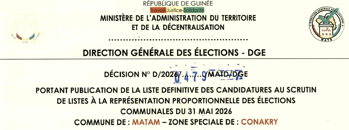 DÉCISION PORTANT PUBLICATION DE LA LISTE DEFINITIVE DES CANDIDATURES AUX ÉLECTIONS COMMUNALES DE LA CIRCONSCRIPTION DE MATAM