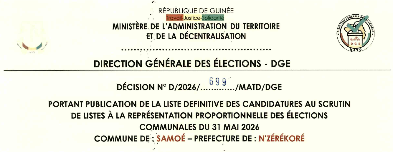 DÉCISION PORTANT PUBLICATION DE LA LISTE DEFINITIVE DES CANDIDATURES AUX ÉLECTIONS COMMUNALES DANS LA COMMUNE DE SAMOE PRÉFECTURE N’ZEREKORE