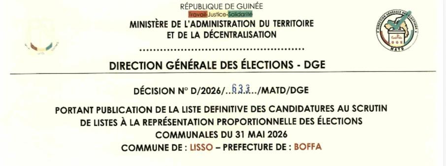DÉCISION PORTANT PUBLICATION DE LA LISTE DEFINITIVE DES CANDIDATURES AUX ÉLECTIONS COMMUNALES DANS LA COMMUNE DE LISSO PRÉFECTURE BOFFA