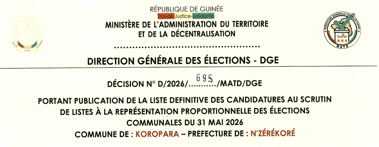 DÉCISION PORTANT PUBLICATION DE LA LISTE DEFINITIVE DES CANDIDATURES AUX ÉLECTIONS COMMUNALES DANS LA COMMUNE DE KOROPARA PRÉFECTURE N’ZEREKORE