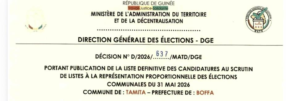 DÉCISION PORTANT PUBLICATION DE LA LISTE DEFINITIVE DES CANDIDATURES AUX ÉLECTIONS COMMUNALES DANS LA COMMUNE DE TAMITA PRÉFECTURE BOFFA