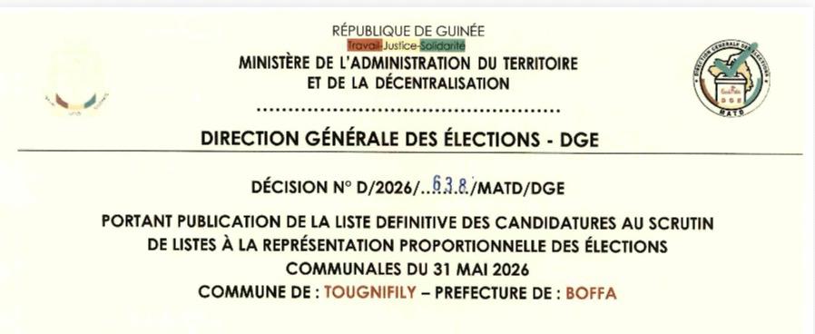 DÉCISION PORTANT PUBLICATION DE LA LISTE DEFINITIVE DES CANDIDATURES AUX ÉLECTIONS COMMUNALES DANS LA COMMUNE DE TOUGNIFILY PRÉFECTURE BOFFA