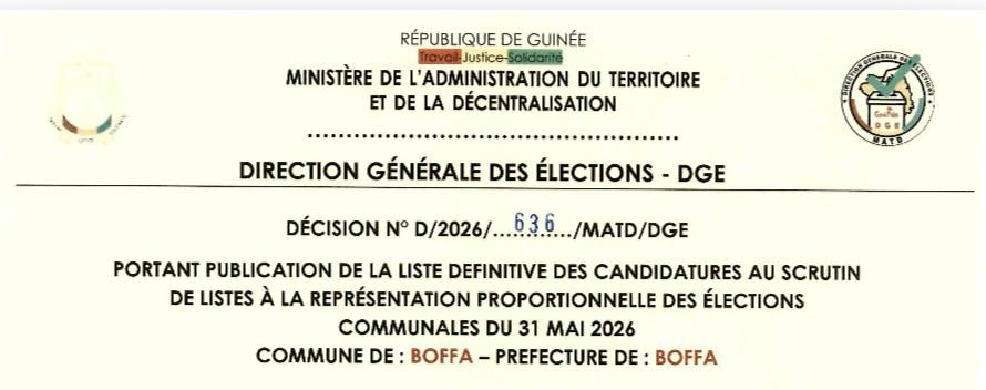 DÉCISION PORTANT PUBLICATION DE LA LISTE DEFINITIVE DES CANDIDATURES AUX ÉLECTIONS COMMUNALES DANS LA COMMUNE DE BOFFA PRÉFECTURE BOFFA
