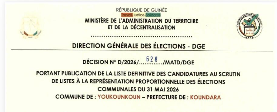 Publication officielle des listes définitives des candidatures aux élections communales dans la circonscription communale de YOYKOUNKOUN Préfecture KOUNDARA