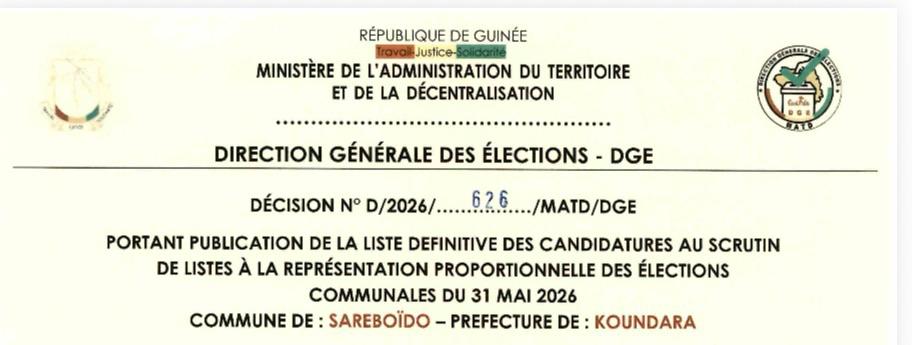 DÉCISION PORTANT PUBLICATION DE LA LISTE DEFINITIVE DES CANDIDATURES AUX ÉLECTIONS COMMUNALES DANS LA COMMUNE DE SAREBOIDO PRÉFECTURE KOUNDARA