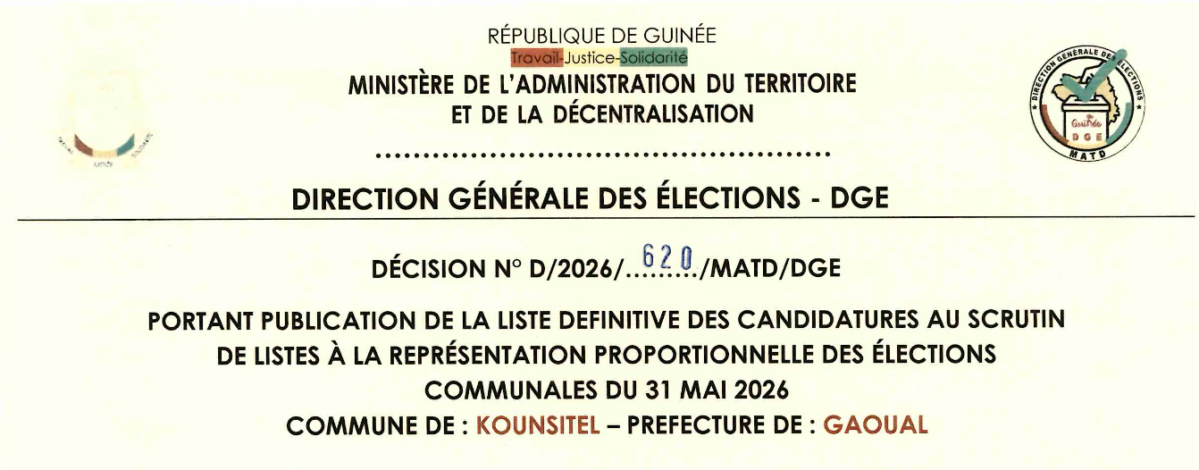 DÉCISION PORTANT PUBLICATION DE LA LISTE DEFINITIVE DES CANDIDATURES AUX ÉLECTIONS COMMUNALES DANS LA COMMUNE DE KOUNSITEL PRÉFECTURE GAOUAL