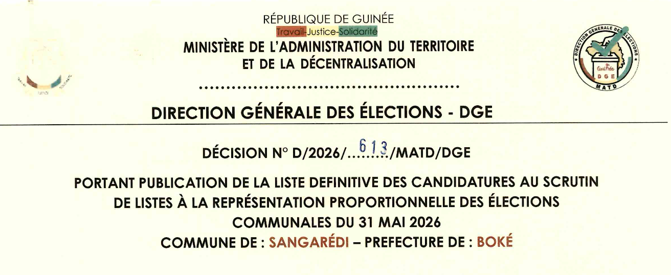 DÉCISION PORTANT PUBLICATION DE LA LISTE DEFINITIVE DES CANDIDATURES AUX ÉLECTIONS COMMUNALES DANS LA COMMUNE DE SANGAREDI PRÉFECTURE BOKE