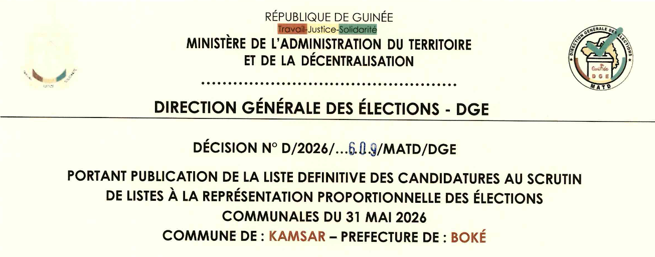 DÉCISION PORTANT PUBLICATION DE LA LISTE DEFINITIVE DES CANDIDATURES AUX ÉLECTIONS COMMUNALES DANS LA COMMUNE DE KAMSAR PRÉFECTURE BOKE