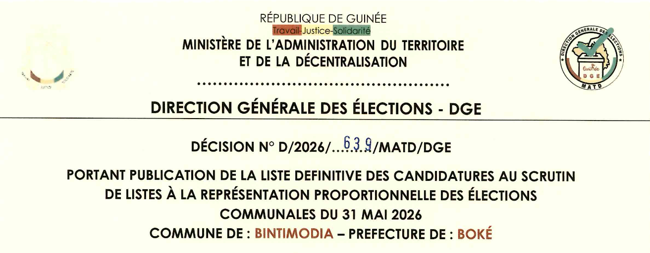 Publication officielle des listes définitives des candidatures aux élections communales dans la circonscription communale de BINTIMODIA Préfecture BOKE