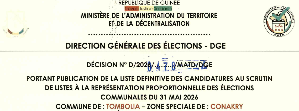 DÉCISION PORTANT PUBLICATION DE LA LISTE DEFINITIVE DES CANDIDATURES AUX ÉLECTIONS COMMUNALES DANS LA COMMUNE DE TOMBOLIA