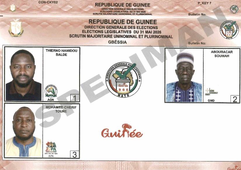 SPECIMENS DES SCRUTINS MAJORITAIRE UNINOMINAL ET PLURINOMINAL ET DE LISTE DES CONSEILLERS COMMUNAUX DU 31 MAI 2026 - CONAKRY/GBÉSSIA