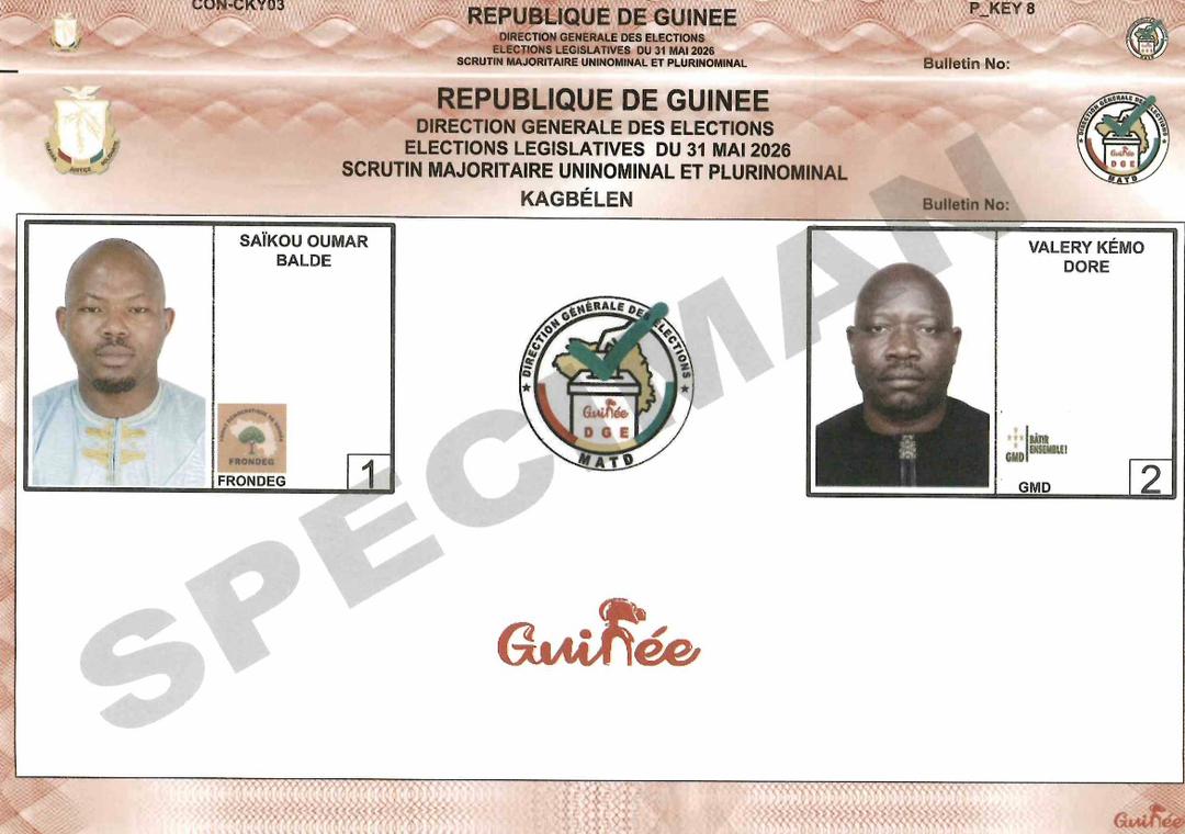 SPECIMENS DES SCRUTINS MAJORITAIRE UNINOMINAL ET PLURINOMINAL ET DE LISTE DES CONSEILLERS COMMUNAUX DU 31 MAI 2026 - CONAKRY/KAGBÉLEN