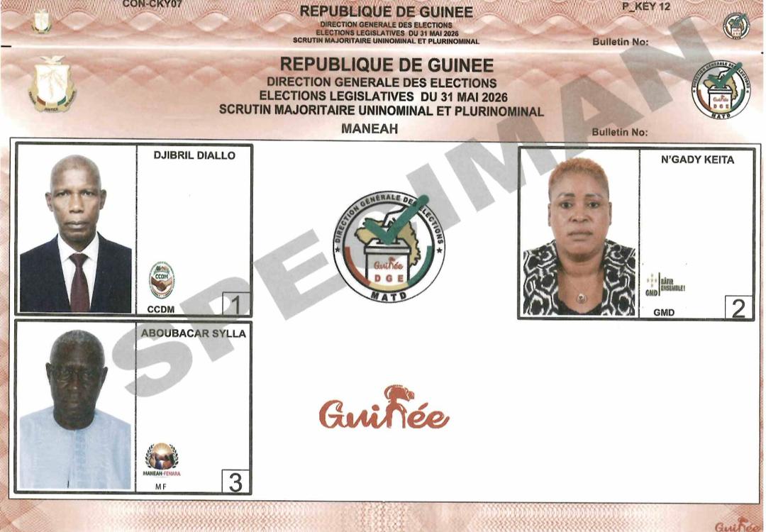 SPECIMENS DES SCRUTINS MAJORITAIRE UNINOMINAL ET PLURINOMINAL ET DE LISTE DES CONSEILLERS COMMUNAUX DU 31 MAI 2026 - CONAKRY/MANEAH