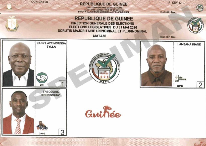 SPECIMENS DES SCRUTINS MAJORITAIRE UNINOMINAL ET PLURINOMINAL ET DE LISTE DES CONSEILLERS COMMUNAUX DU 31 MAI 2026 - CONAKRY/MATAM