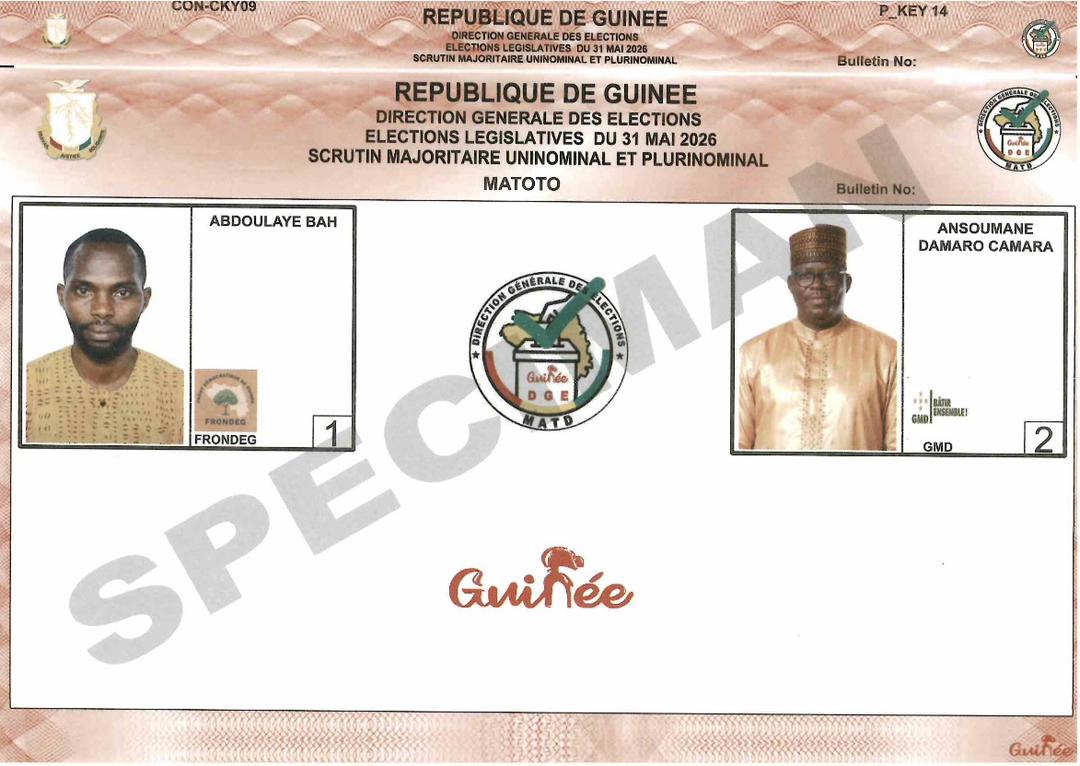 SPECIMENS DES SCRUTINS MAJORITAIRE UNINOMINAL ET PLURINOMINAL ET DE LISTE DES CONSEILLERS COMMUNAUX DU 31 MAI 2026 - CONAKRY/MATOTO