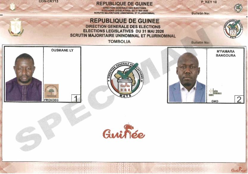 SPECIMENS DES SCRUTINS MAJORITAIRE UNINOMINAL ET PLURINOMINAL ET DE LISTE DES CONSEILLERS COMMUNAUX DU 31 MAI 2026 - CONAKRY/TOMBOLIA