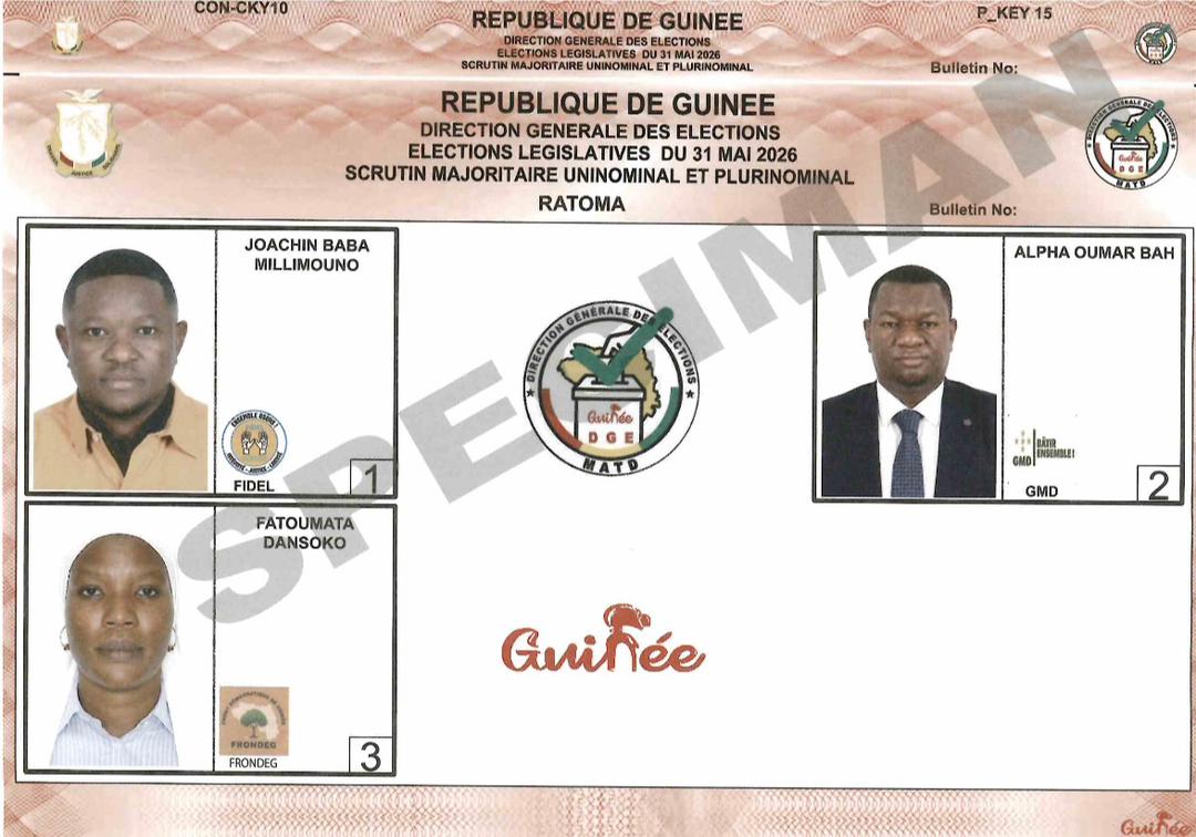 SPECIMENS DES SCRUTINS MAJORITAIRE UNINOMINAL ET PLURINOMINAL ET DE LISTE DES CONSEILLERS COMMUNAUX DU 31 MAI 2026 - CONAKRY/RATOMA