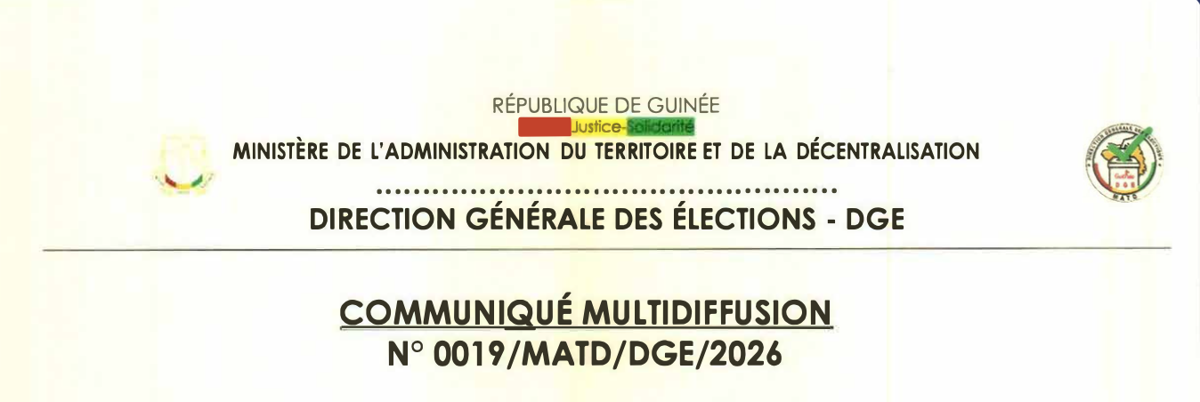 COMMUNIQUÉ MULTIDIFFUSION N° 0019 /MATD/DGE/2026