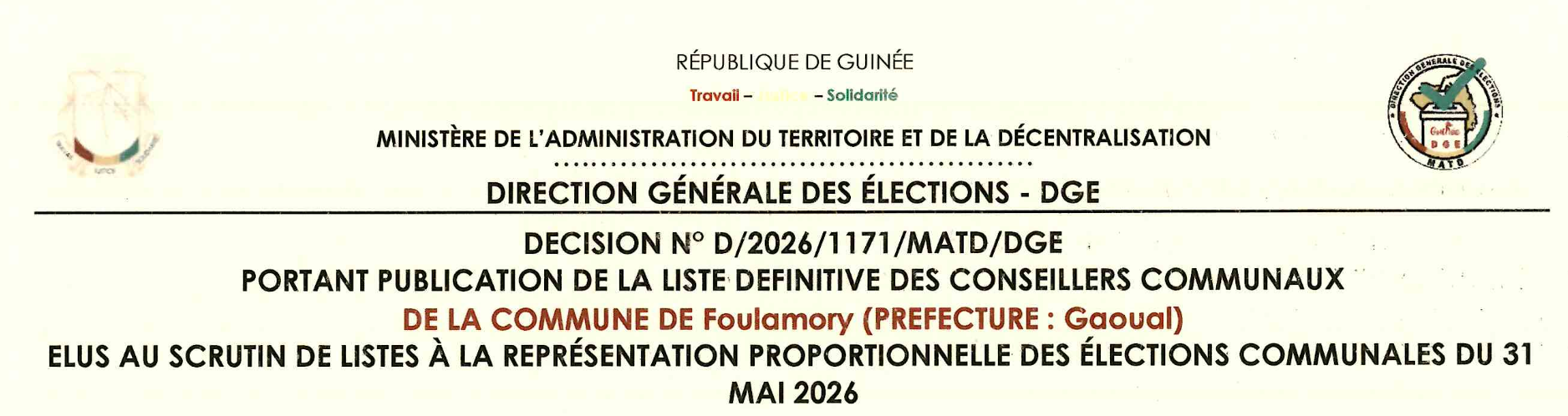 Publication des résultats définitifs de l’élection communale du 31 mai 2026 de la Prefecture de Gaoual