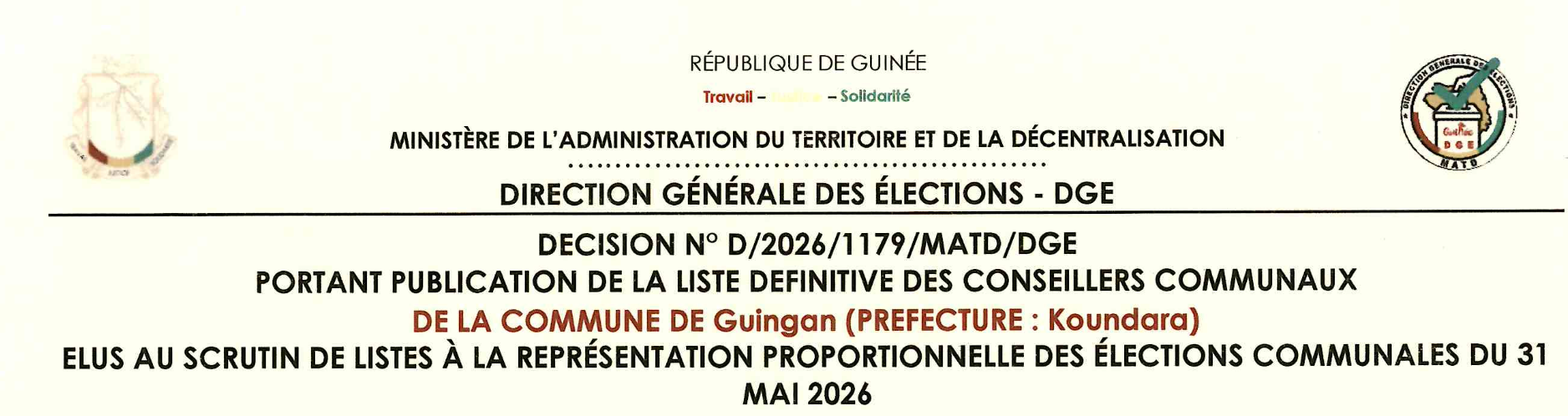 Publication des résultats définitifs de l’élection communale du 31 mai 2026 de la Préfecture de KOUNDARA