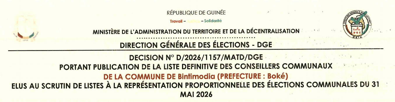 Publication des résultats définitifs de l’élection communale du 31 mai 2026 de la Préfecture de Boké