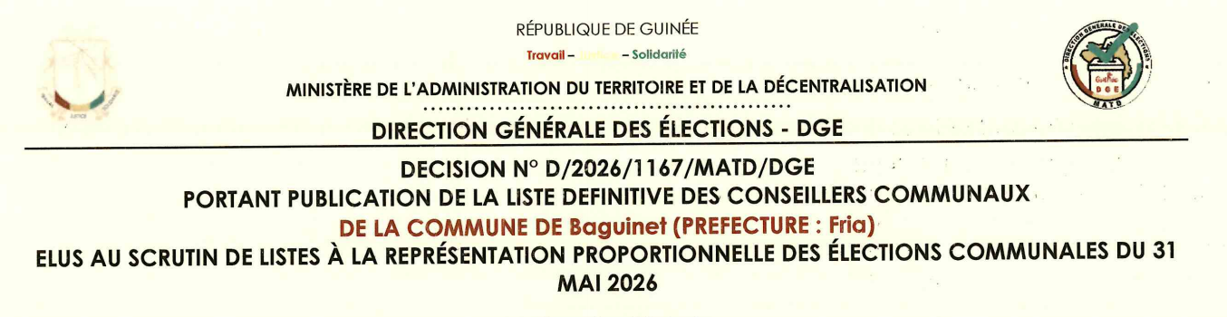 Publication des résultats définitifs de l’élection communale du 31 mai 2026 de la Préfecture de Fria