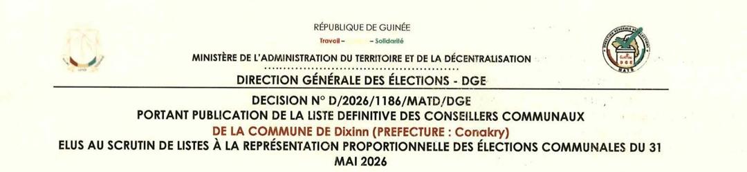 Publication des résultats définitifs de l’élection communale du 31 mai 2026 de la zone spéciale de CONAKRY