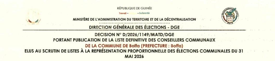 Publication des résultats définitifs de l’élection communale du 31 mai 2026 de la Préfecture de BOFFA