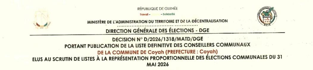 Publication des résultats définitifs de l’élection communale du 31 mai 2026 de la Préfecture de COYAH