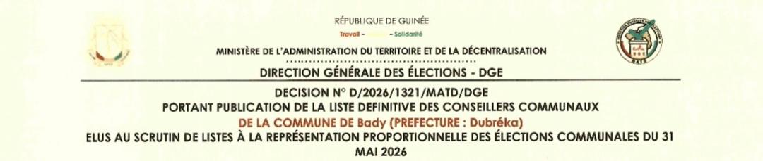 Publication des résultats définitifs de l’élection communale du 31 mai 2026 de la Préfecture de DUBREKA